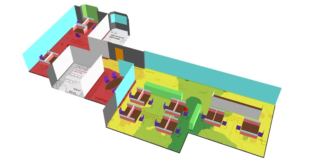 Planta baixa tridimensional de uma edificação com os ambientes coloridos conforme o nível de ruído